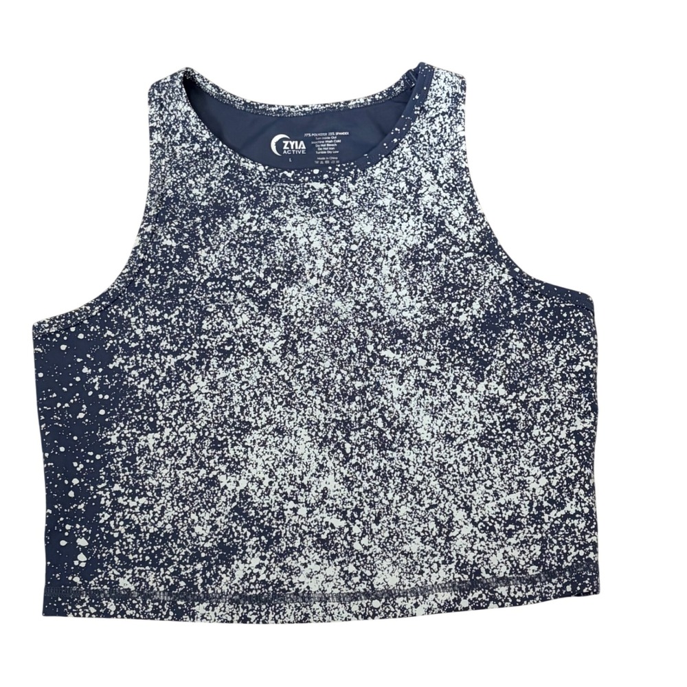 Zyia Active Navy White Splatter Print High Neck Crop Tank Top Womens Large
